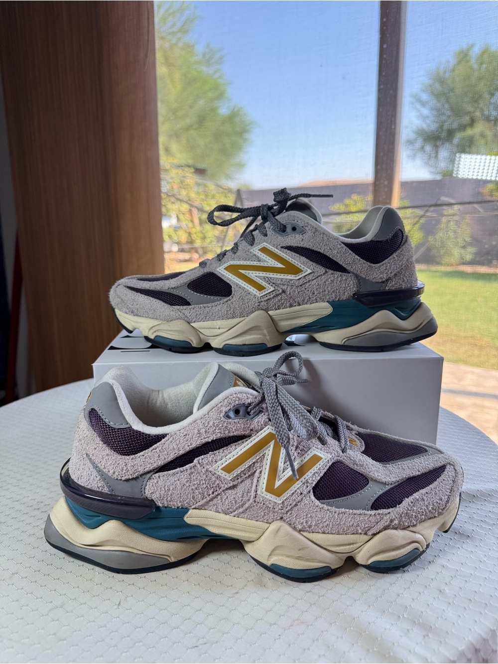 New Balance Beige, Purple and Gold Retro-Style Athletic Sneakers
